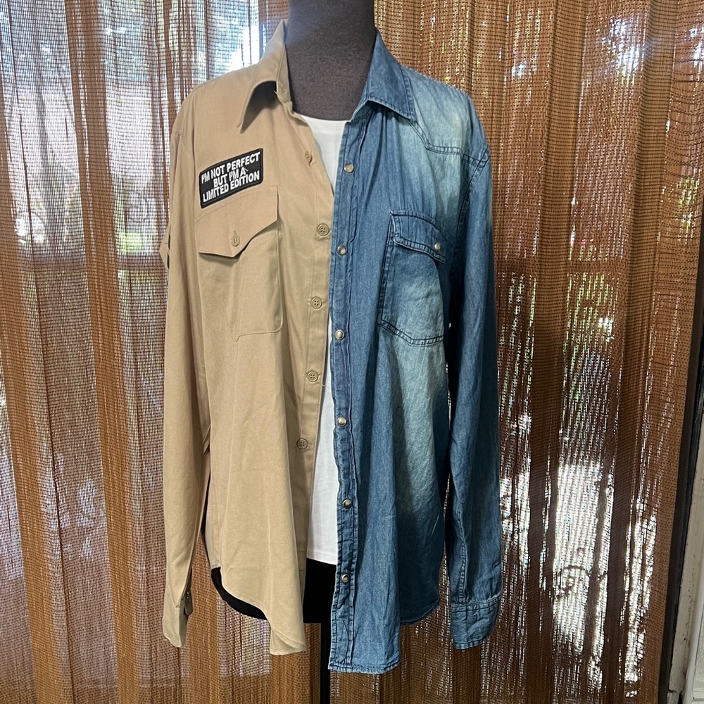 Upcycled Two-Tone Tan and Blue Unisex Shirt